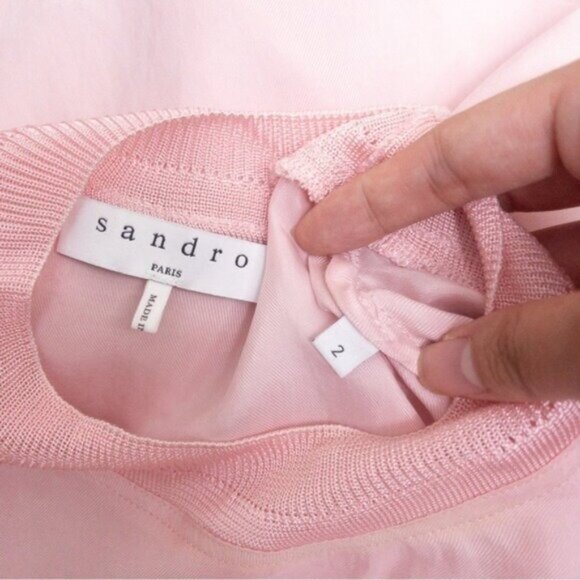 Sandro Ruffle Flutter Sleeve Blouse Top M Pink Cupro Lightweight Crewneck - Picture 4 of 11